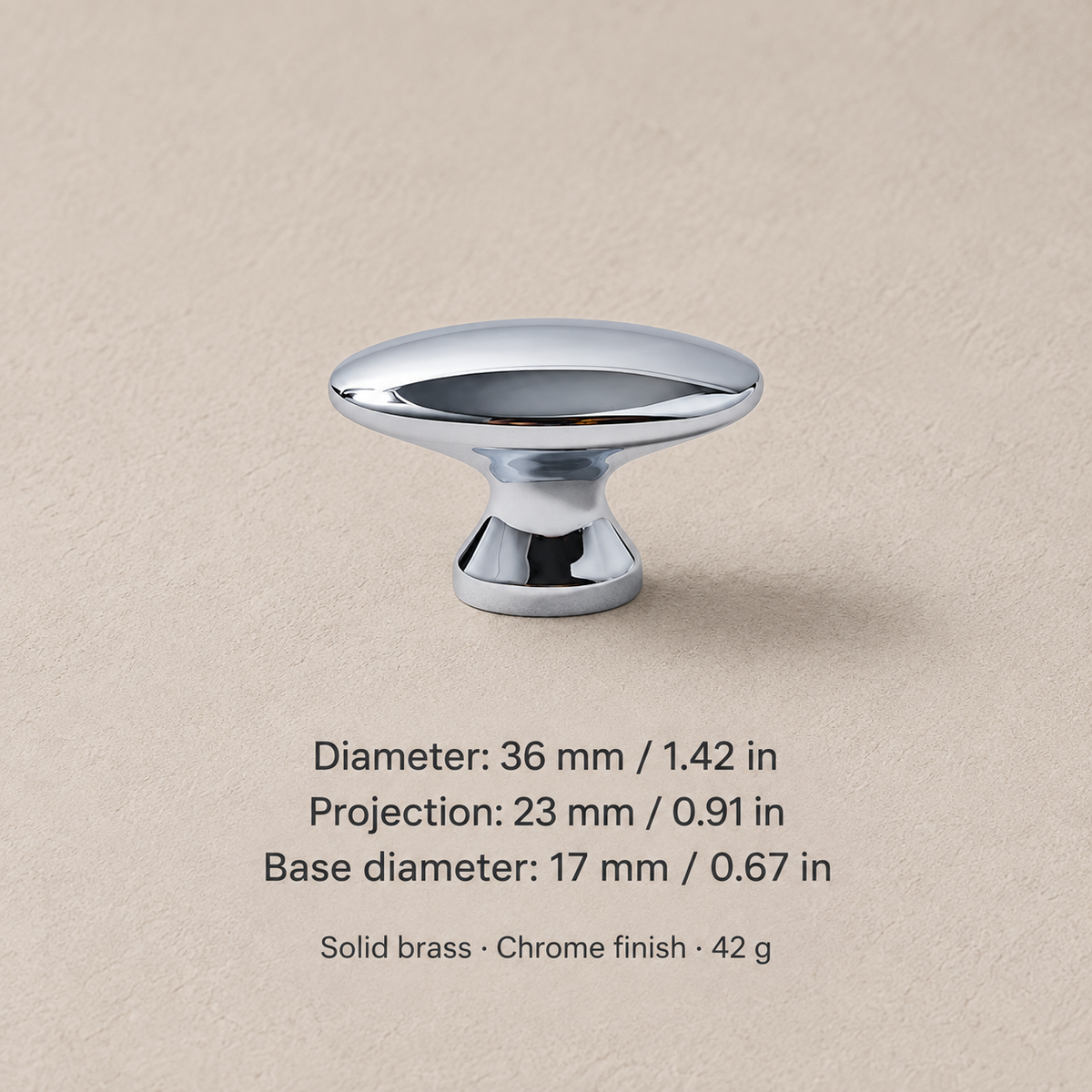 Chrome cabinet knob dimensions: 36 mm diameter, 23 mm projection and 17 mm base
