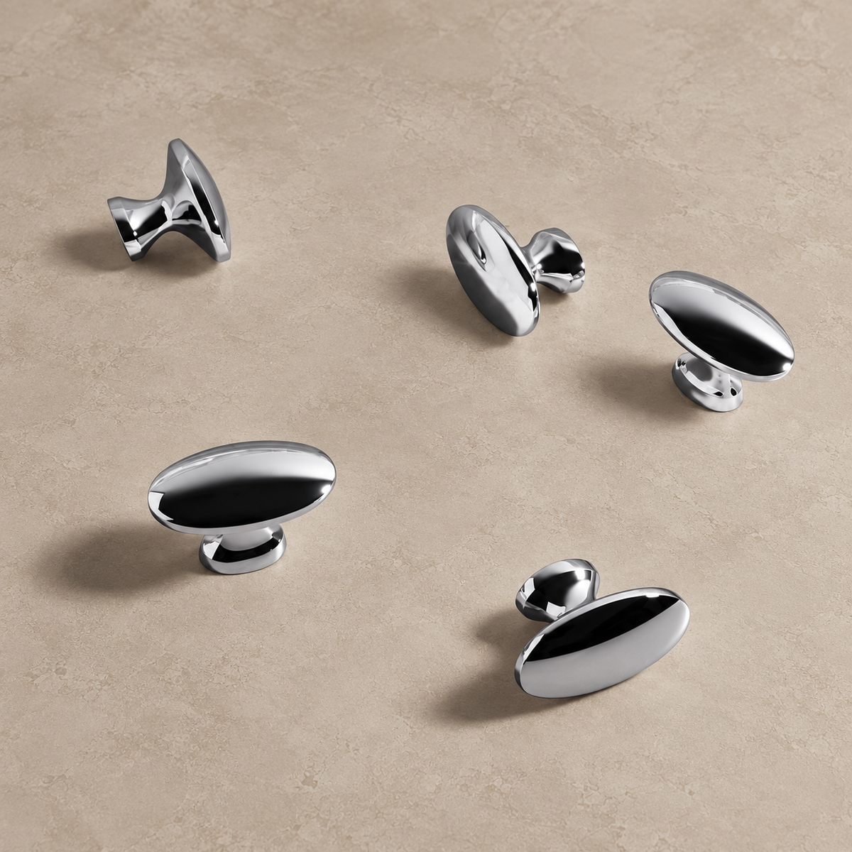Chrome cabinet knob profiles and pedestal details