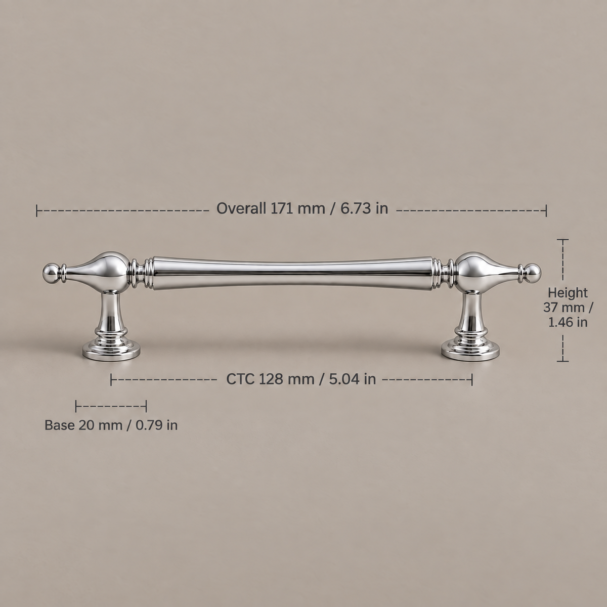 Bright chrome faceted-end cabinet pull, 128 mm CTC with dimensions in millimetres and inches