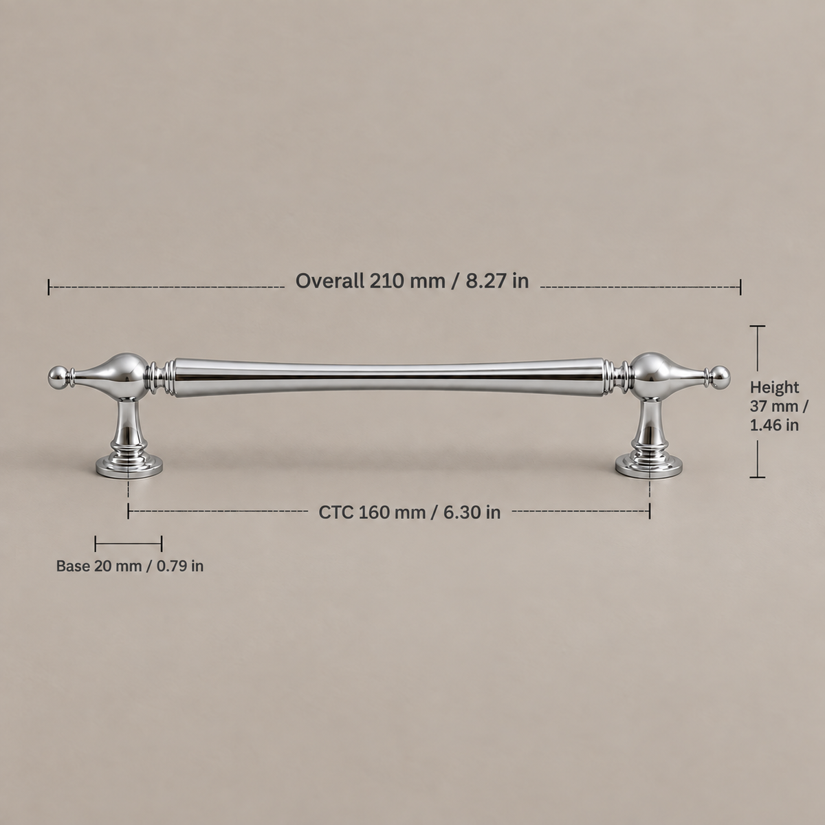 Bright chrome faceted-end cabinet pull, 160 mm CTC with dimensions in millimetres and inches