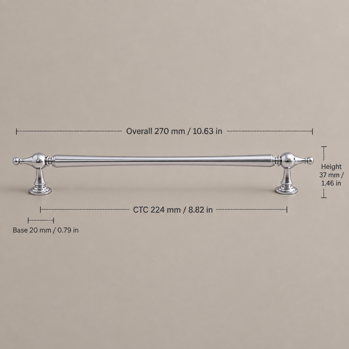 Bright chrome faceted-end cabinet pull, 224 mm CTC with dimensions in millimetres and inches