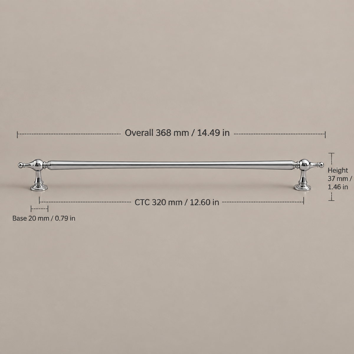 Bright chrome faceted-end cabinet pull, 320 mm CTC with dimensions in millimetres and inches