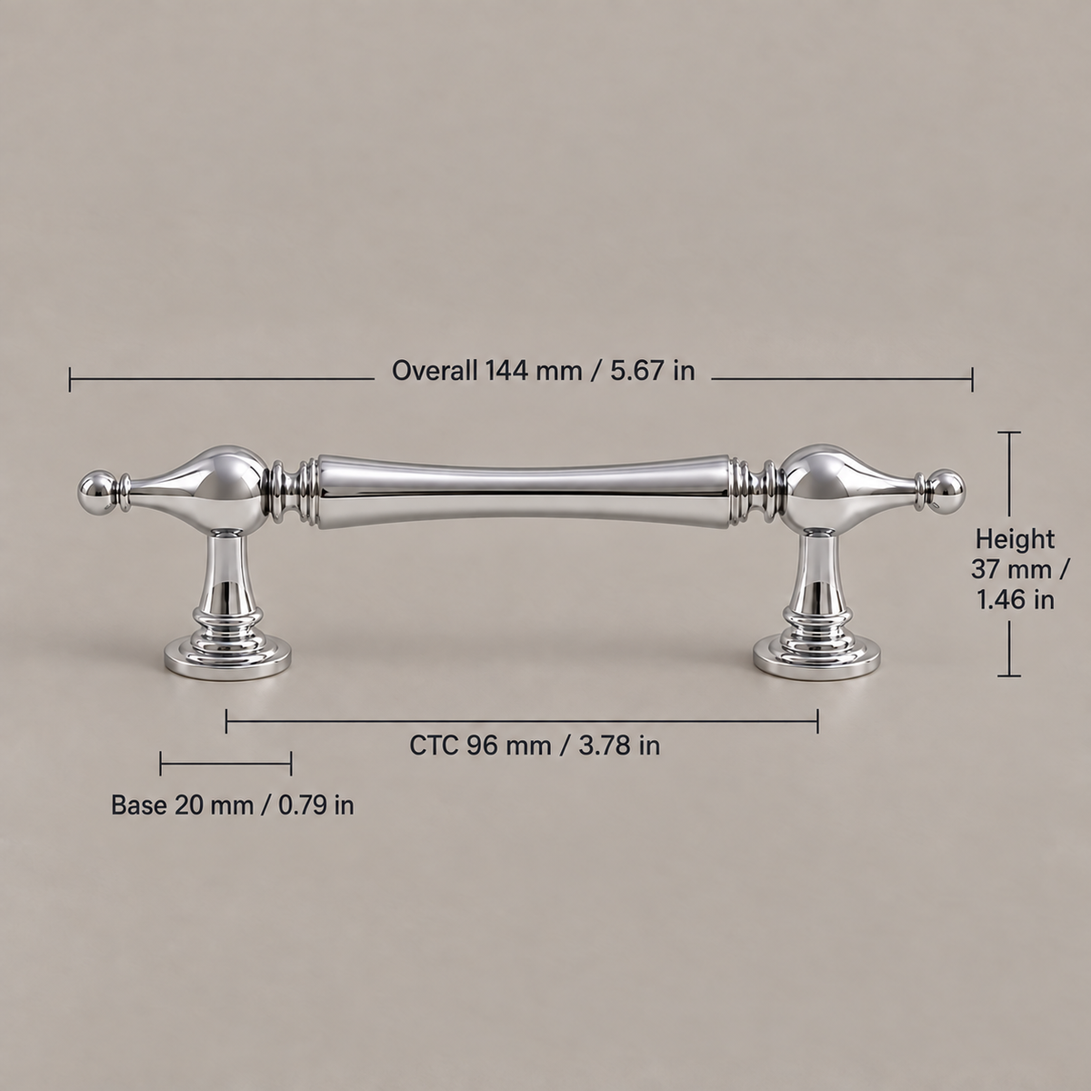 Bright chrome faceted-end cabinet pull, 96 mm CTC with dimensions in millimetres and inches