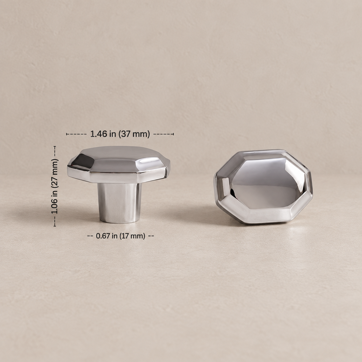 Chrome faceted 37 mm cabinet knob with dimensions