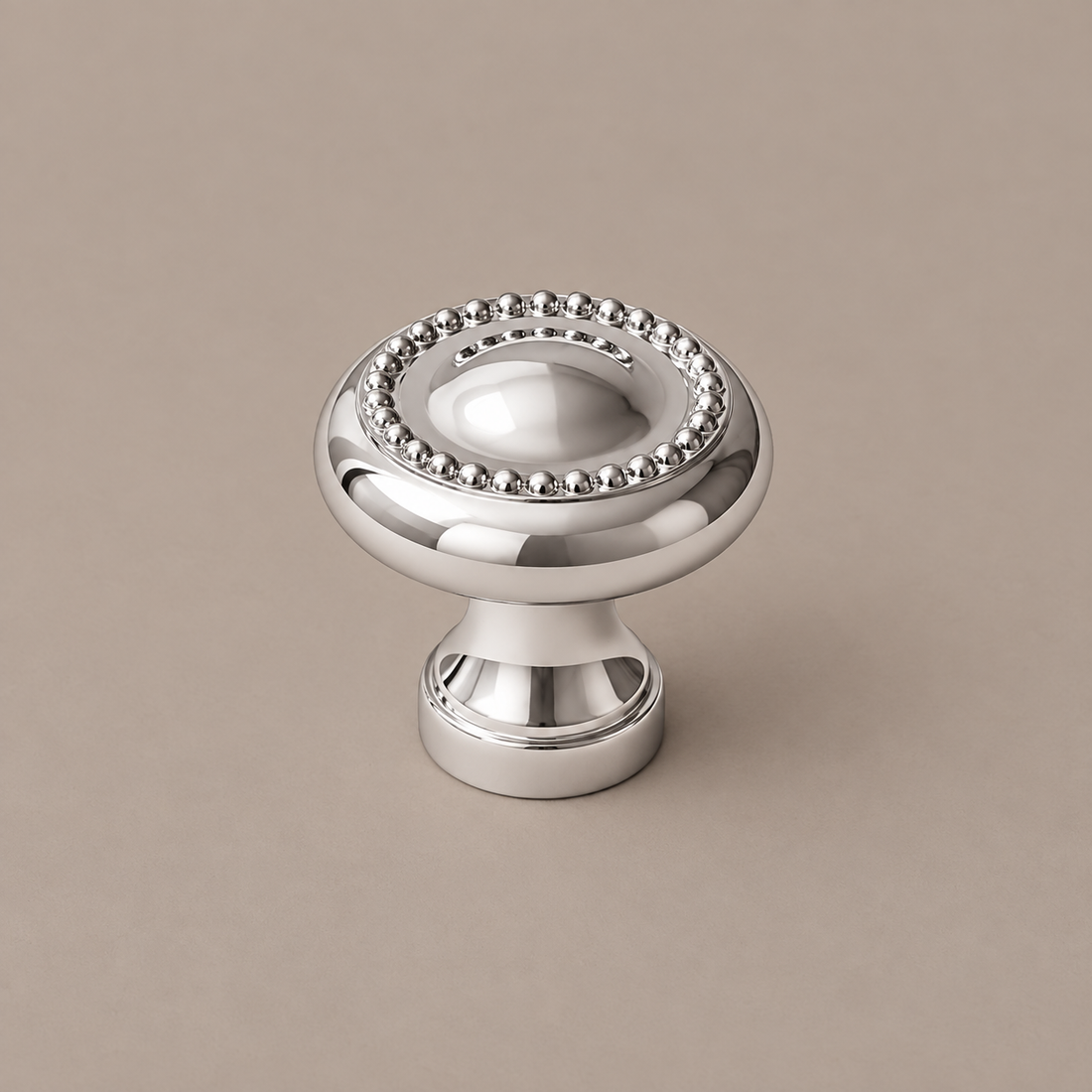 Faceted-End Cabinet Pull & Knob — Bright Chrome on a deep olive studio background