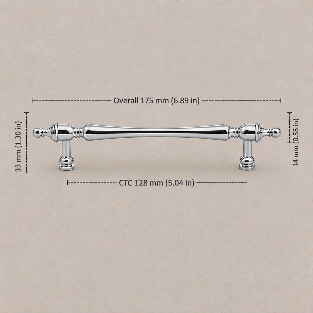 Chrome French-style cabinet pull with 128 mm CTC measurements