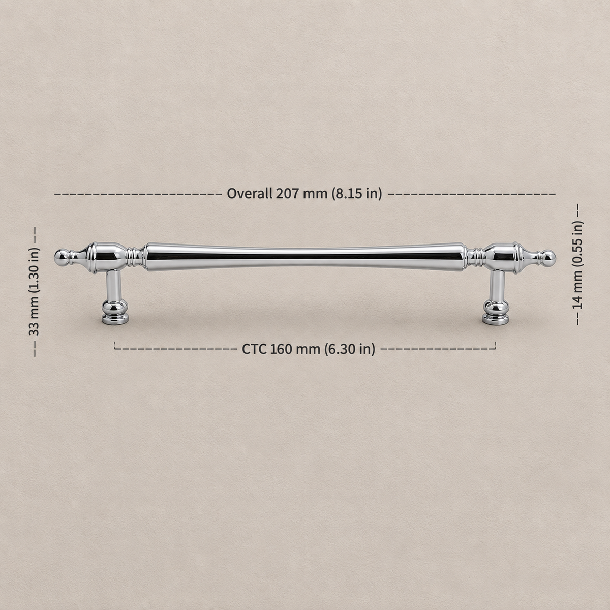 Chrome French-style cabinet pull with 160 mm CTC measurements