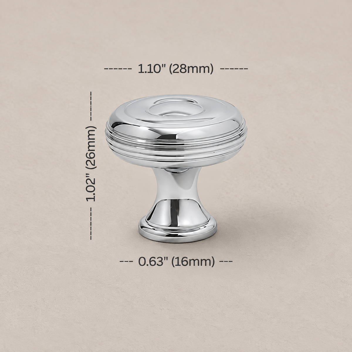 Chrome French-style cabinet knob with 28 mm diameter measurements