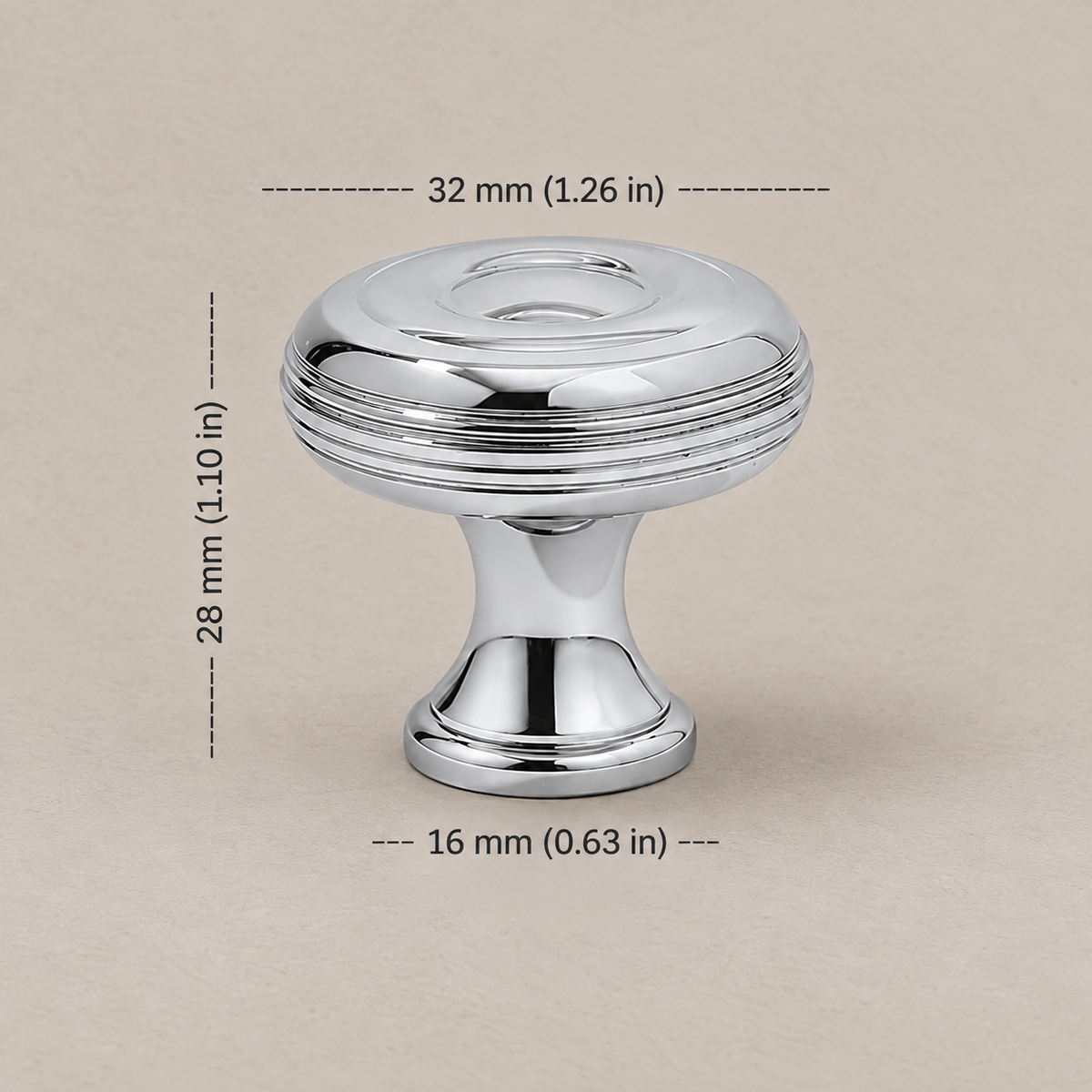 Chrome French-style cabinet knob with 32 mm diameter measurements