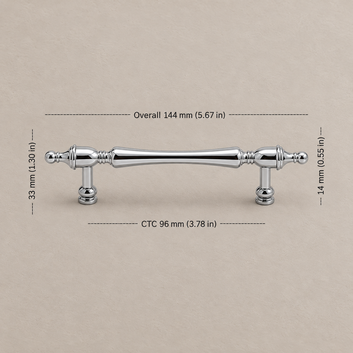 Chrome French-style cabinet pull with 96 mm CTC measurements
