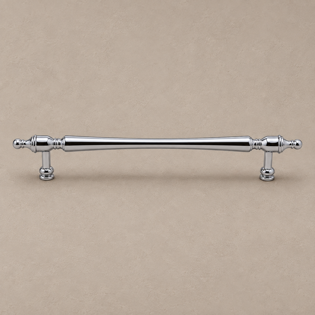 Chrome Brass Cabinet Pull & Knob — Solid Brass French-Style Hardware on a deep olive studio background