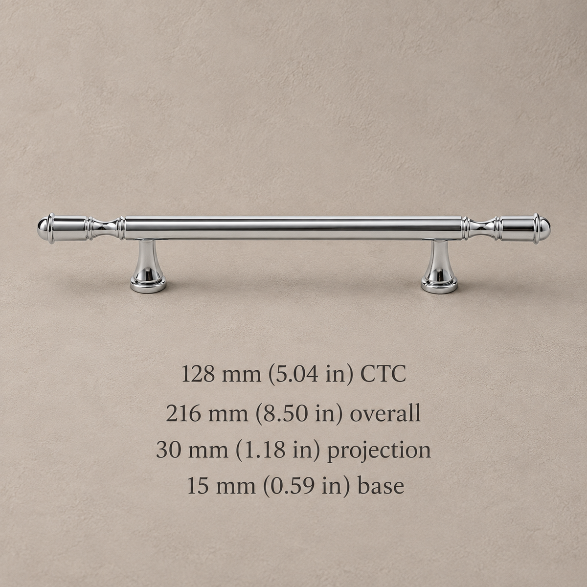 Chrome cabinet pull with 128 mm (5.04 in) center-to-center hole spacing and dimensions