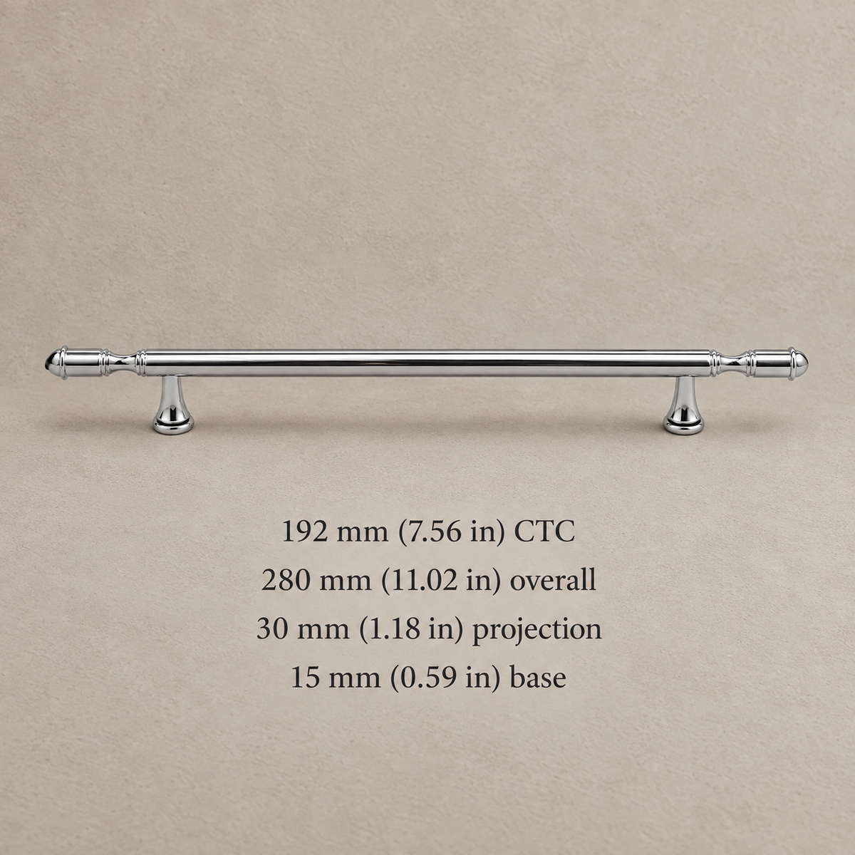 Chrome cabinet pull with 192 mm (7.56 in) center-to-center hole spacing and dimensions