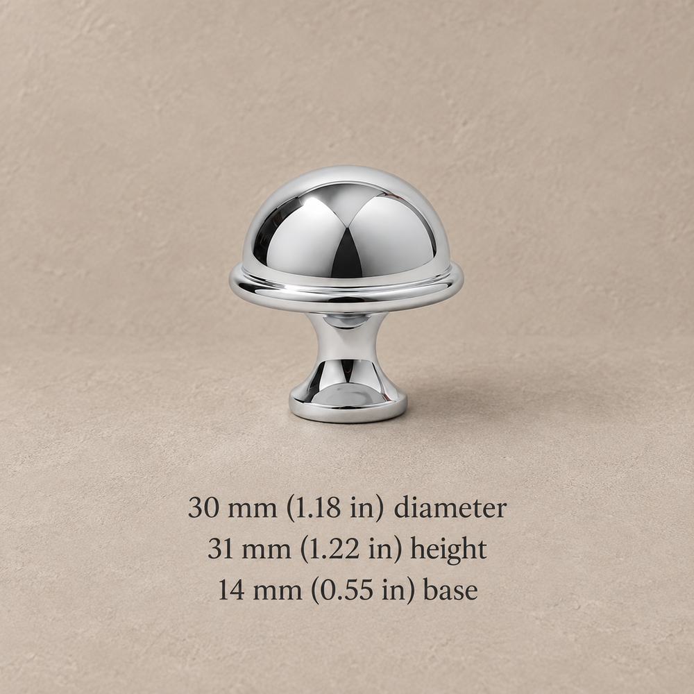 Chrome cabinet knob with 30 mm (1.18 in) diameter and dimensions