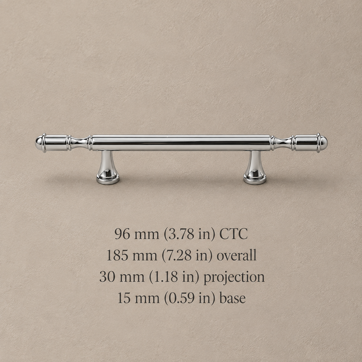 Chrome cabinet pull with 96 mm (3.78 in) center-to-center hole spacing and dimensions