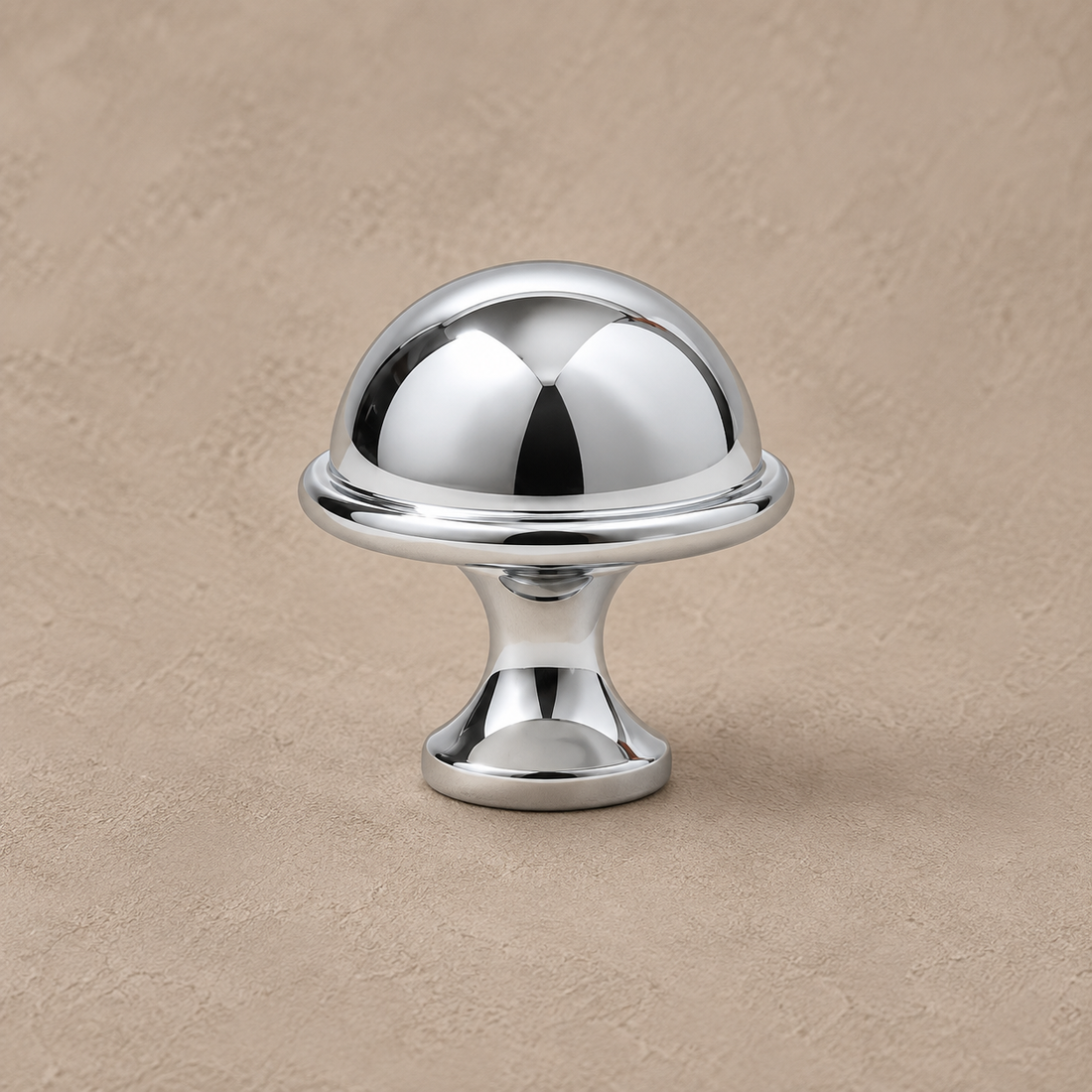 Solid Brass Hat-Style Cabinet Pull & Knob — Chrome Silver Finish on a neutral stone studio background