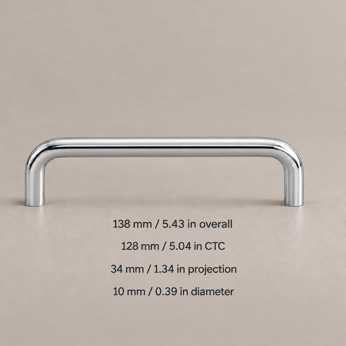 Polished chrome U-shaped cabinet pull — 128mm center-to-center, dimensions in millimeters and inches