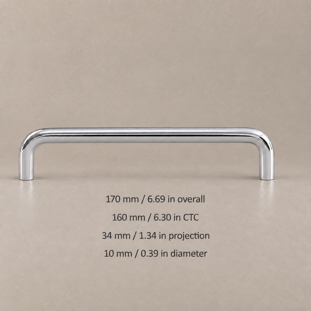 Polished chrome U-shaped cabinet pull — 160mm center-to-center, dimensions in millimeters and inches