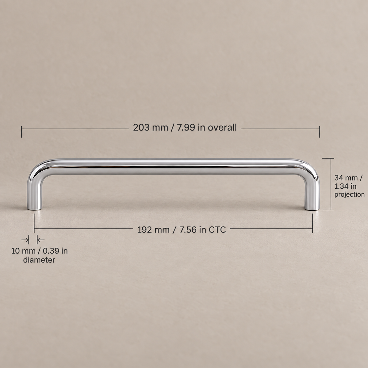 Polished chrome U-shaped cabinet pull — 192mm center-to-center, dimensions in millimeters and inches