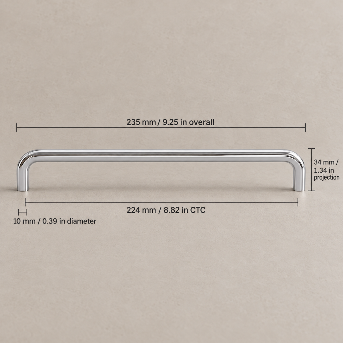 Polished chrome U-shaped cabinet pull — 224mm center-to-center, dimensions in millimeters and inches
