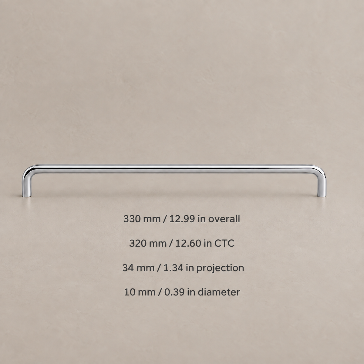 Polished chrome U-shaped cabinet pull — 320mm center-to-center, dimensions in millimeters and inches