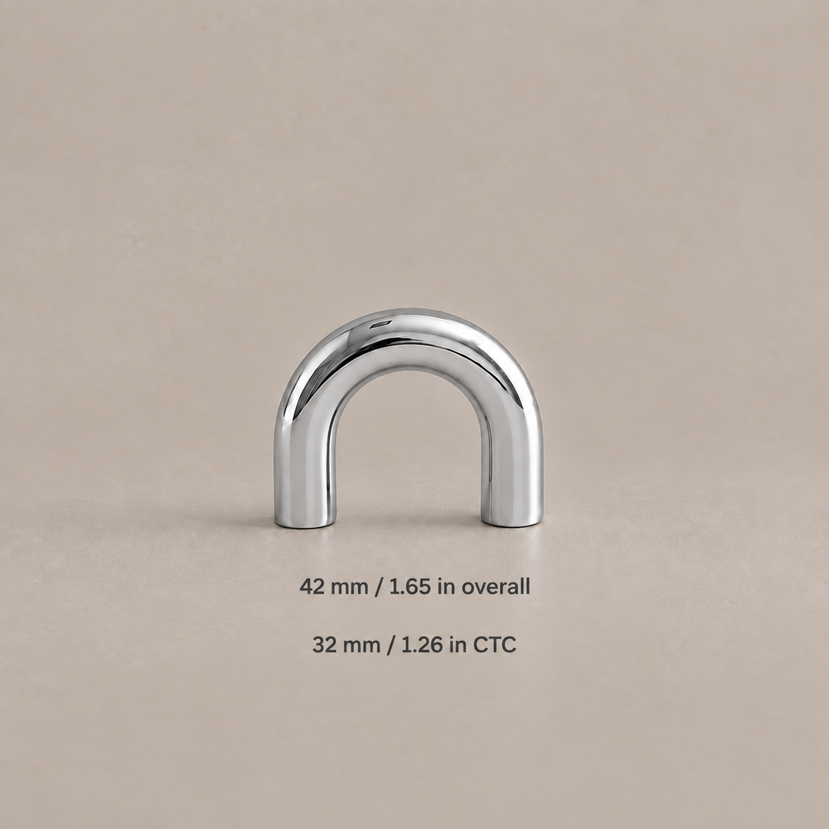Polished chrome U-shaped cabinet pull — 32mm center-to-center, dimensions in millimeters and inches