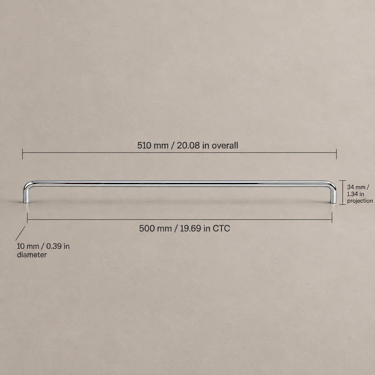 Polished chrome U-shaped cabinet pull — 500mm center-to-center, dimensions in millimeters and inches