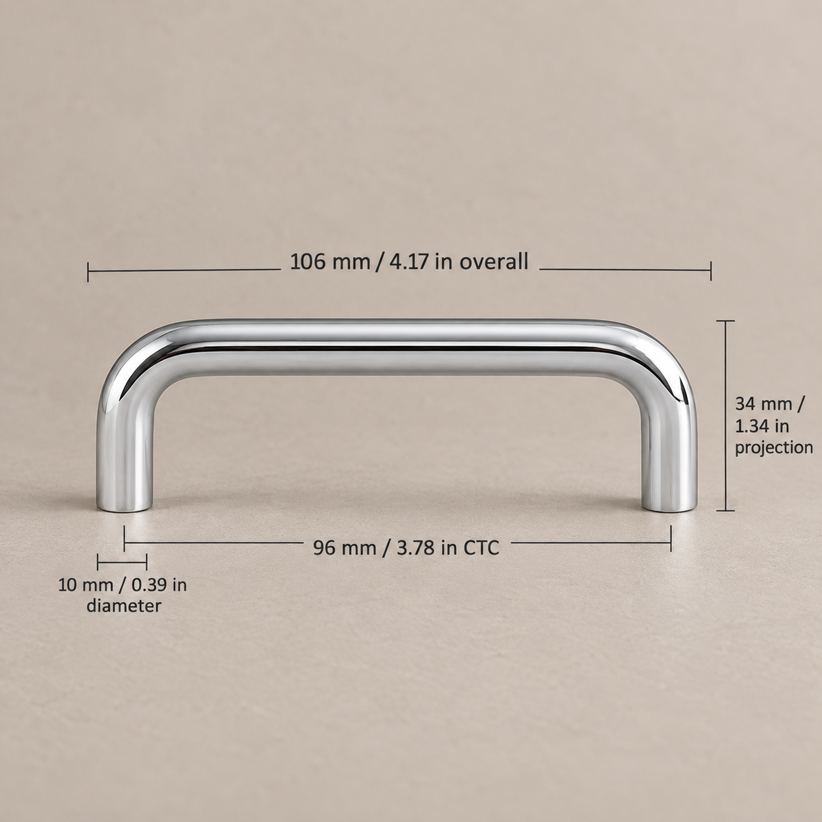 Polished chrome U-shaped cabinet pull — 96mm center-to-center, dimensions in millimeters and inches