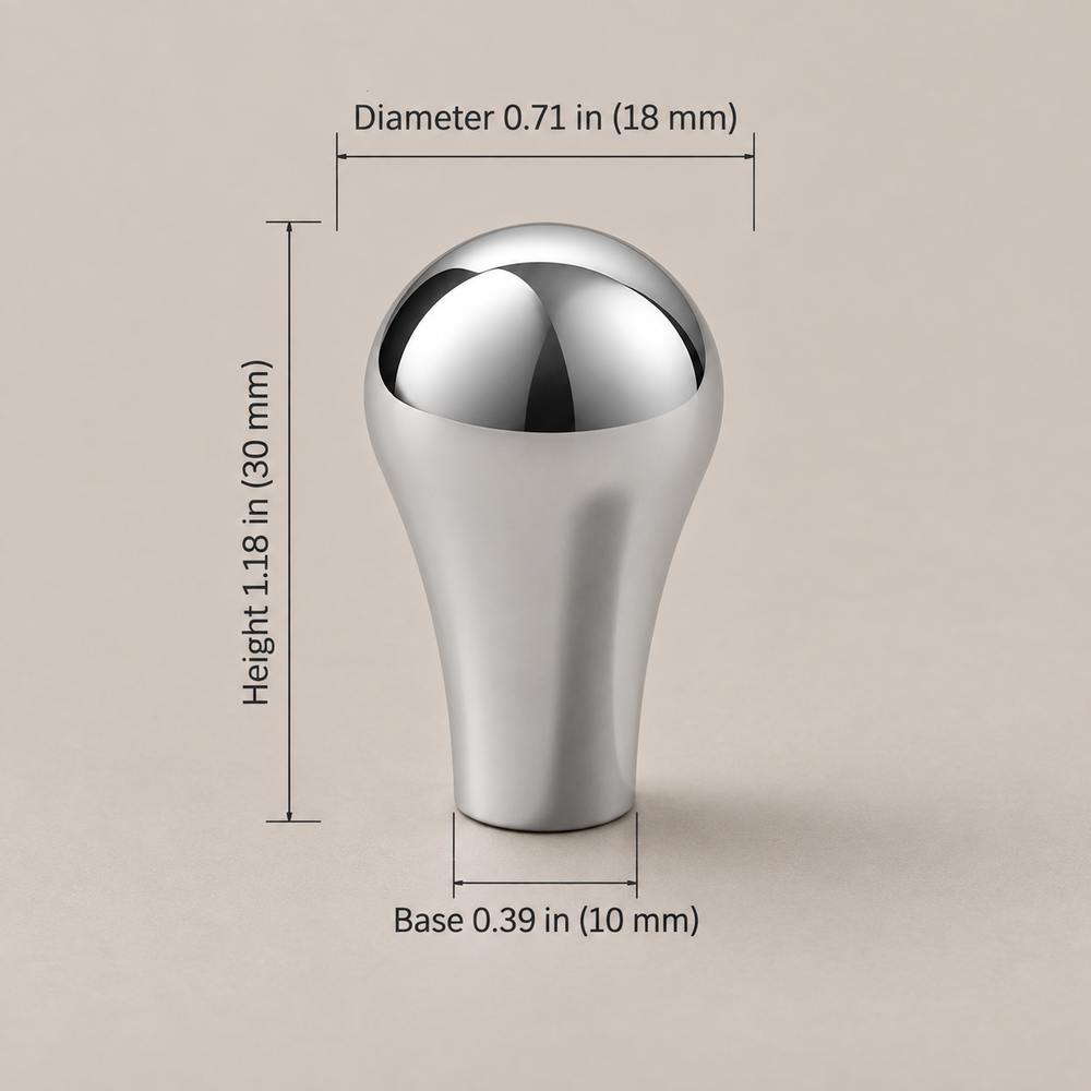 Chrome oval-finial cabinet hardware — 18mm knob, dimensions in inches and millimeters