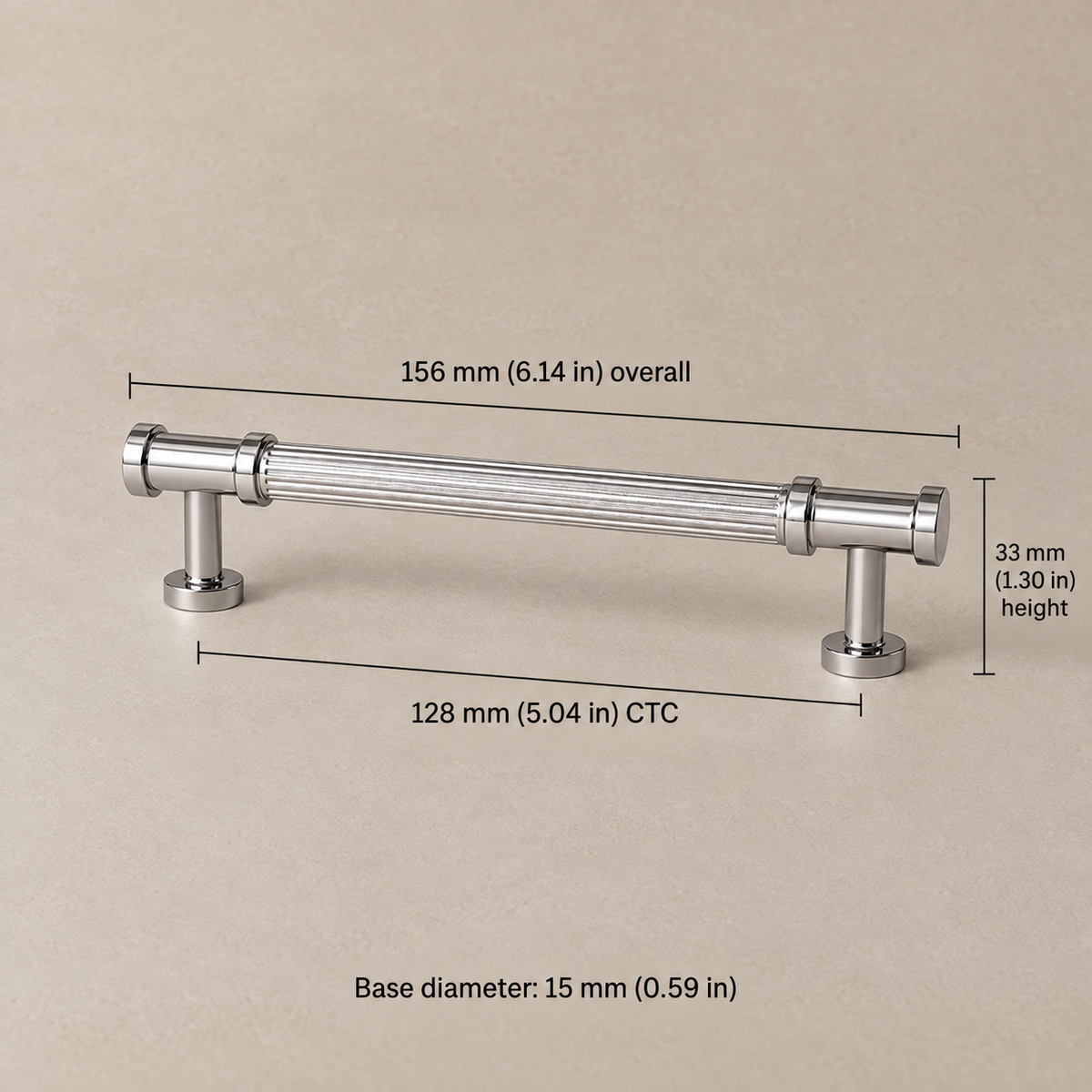 128mm chrome ribbed cabinet hardware with dimensions in millimeters and inches