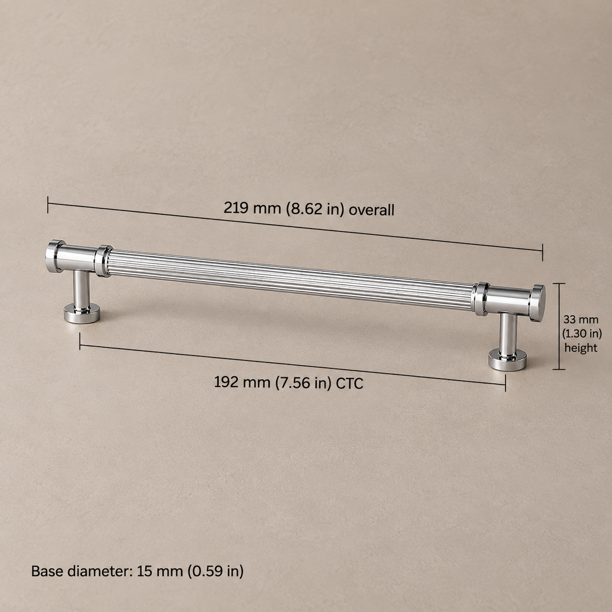 192mm chrome ribbed cabinet hardware with dimensions in millimeters and inches