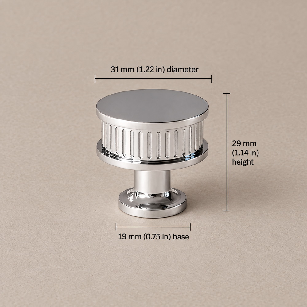 31mm-knob chrome ribbed cabinet hardware with dimensions in millimeters and inches