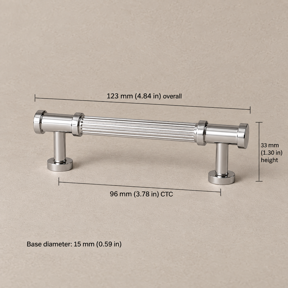 96mm chrome ribbed cabinet hardware with dimensions in millimeters and inches