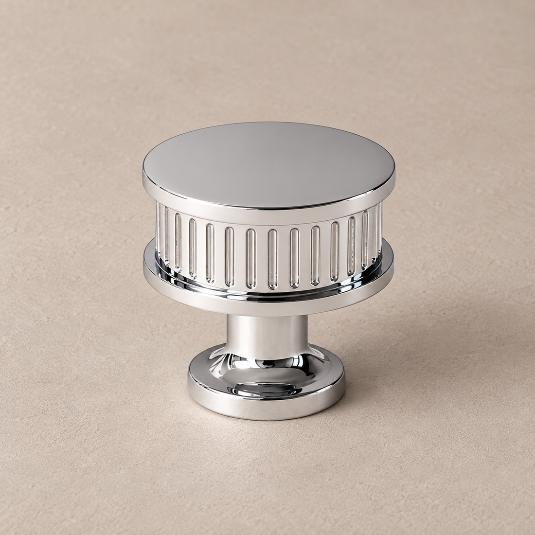 Chrome Brass Ribbed T-Bar Cabinet Pull & Knob — Solid Brass Hardware on a deep olive studio background