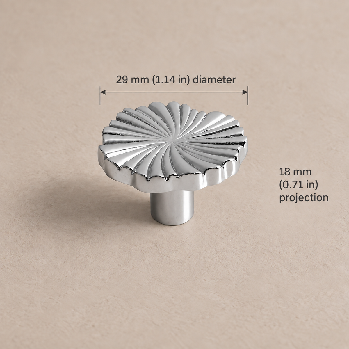 Chrome spiral cabinet knob, 29 mm (1.14 in) diameter and 18 mm (0.71 in) projection