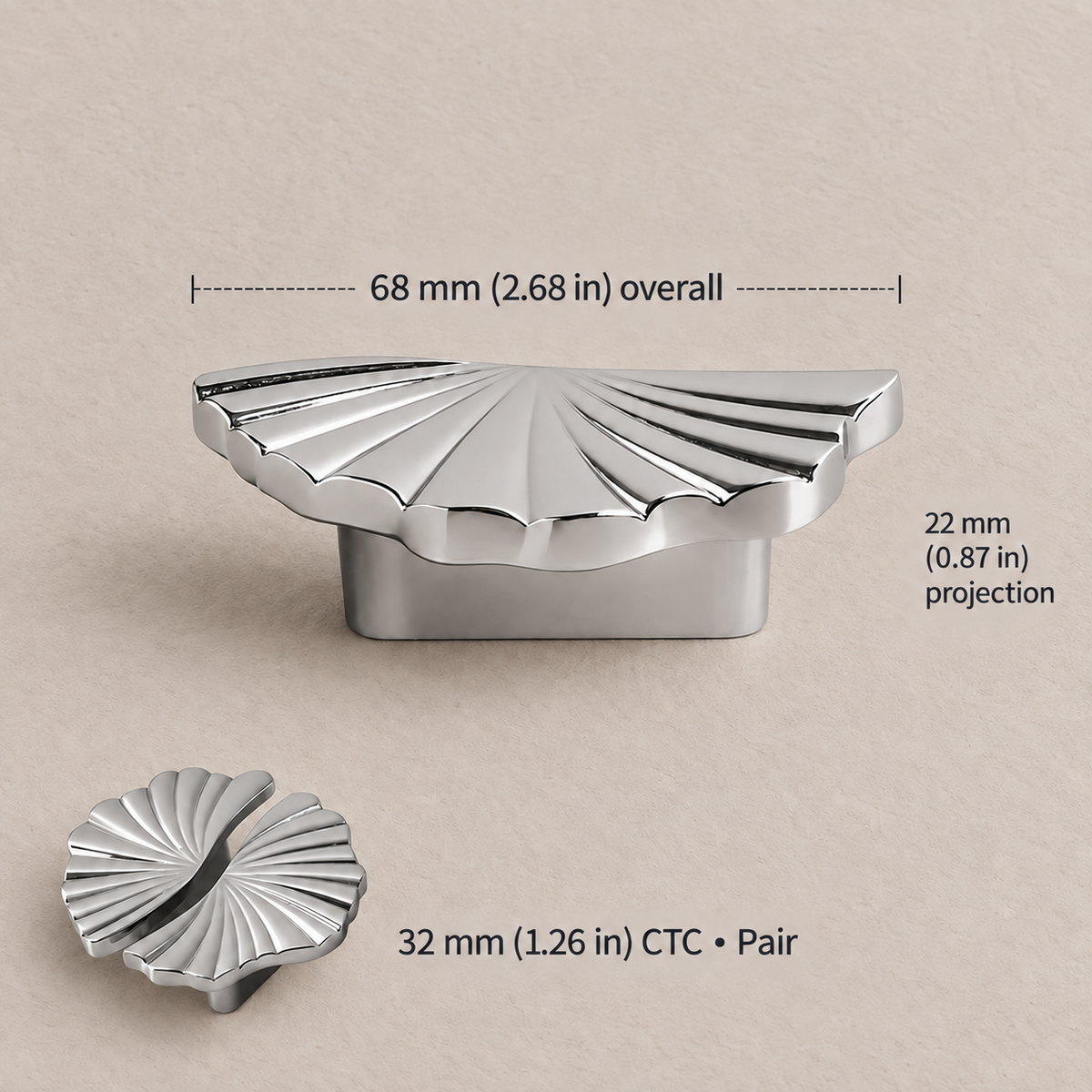 Chrome semicircular cabinet pull pair, 32 mm (1.26 in) CTC, 68 mm overall