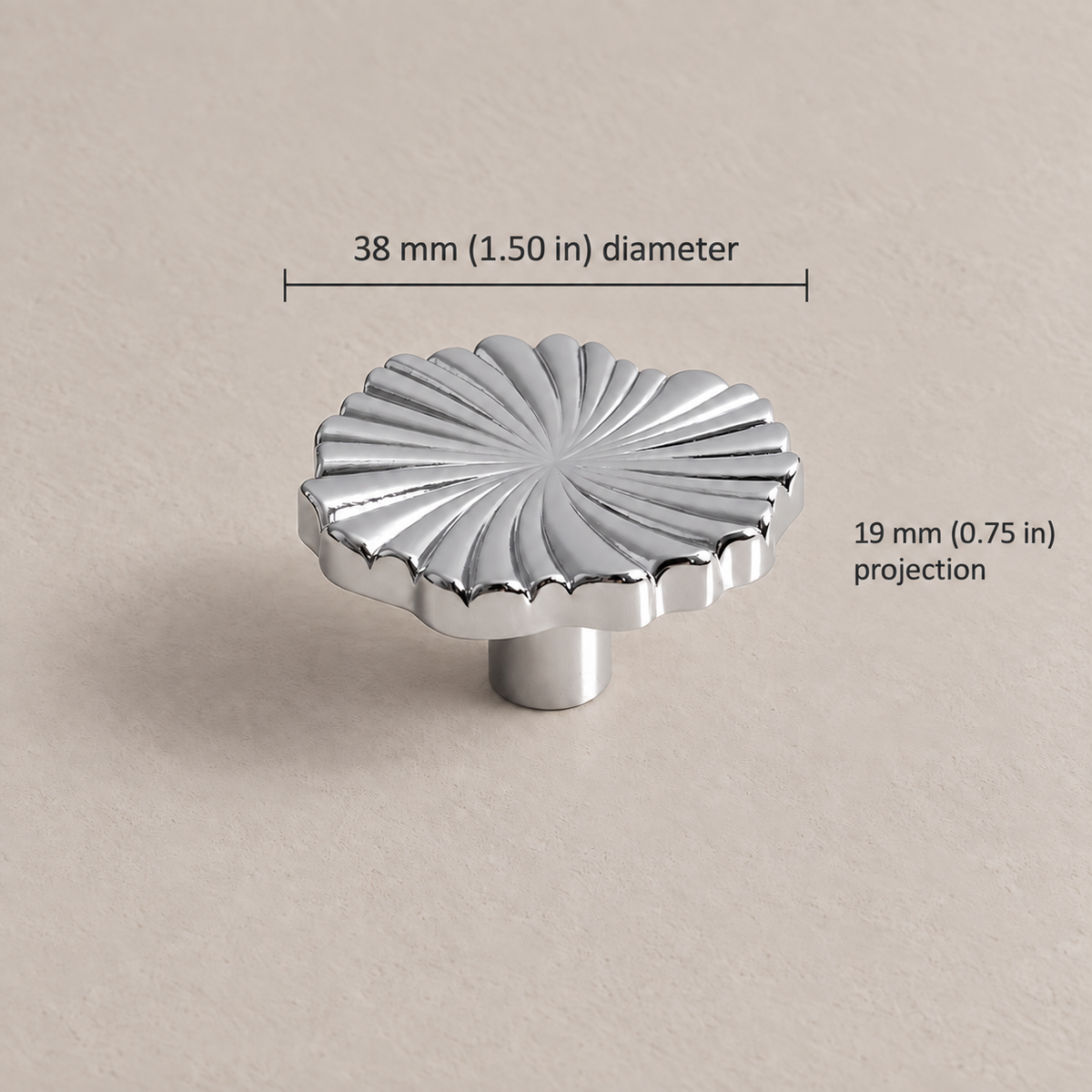 Chrome spiral cabinet knob, 38 mm (1.50 in) diameter and 19 mm (0.75 in) projection