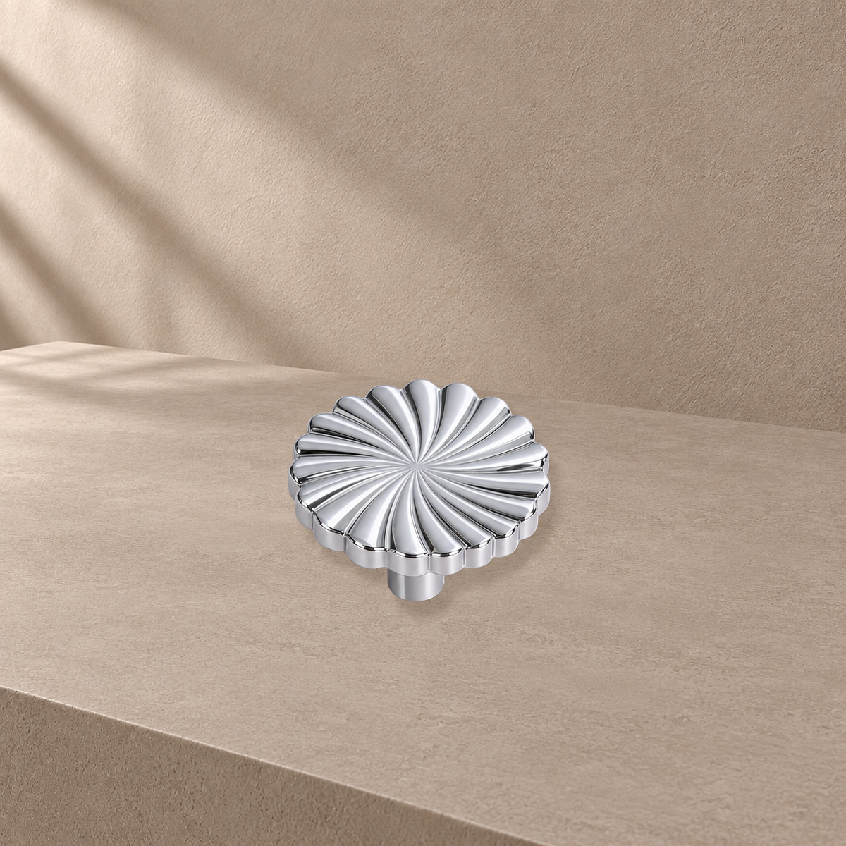 Chrome scalloped spiral cabinet knob detail