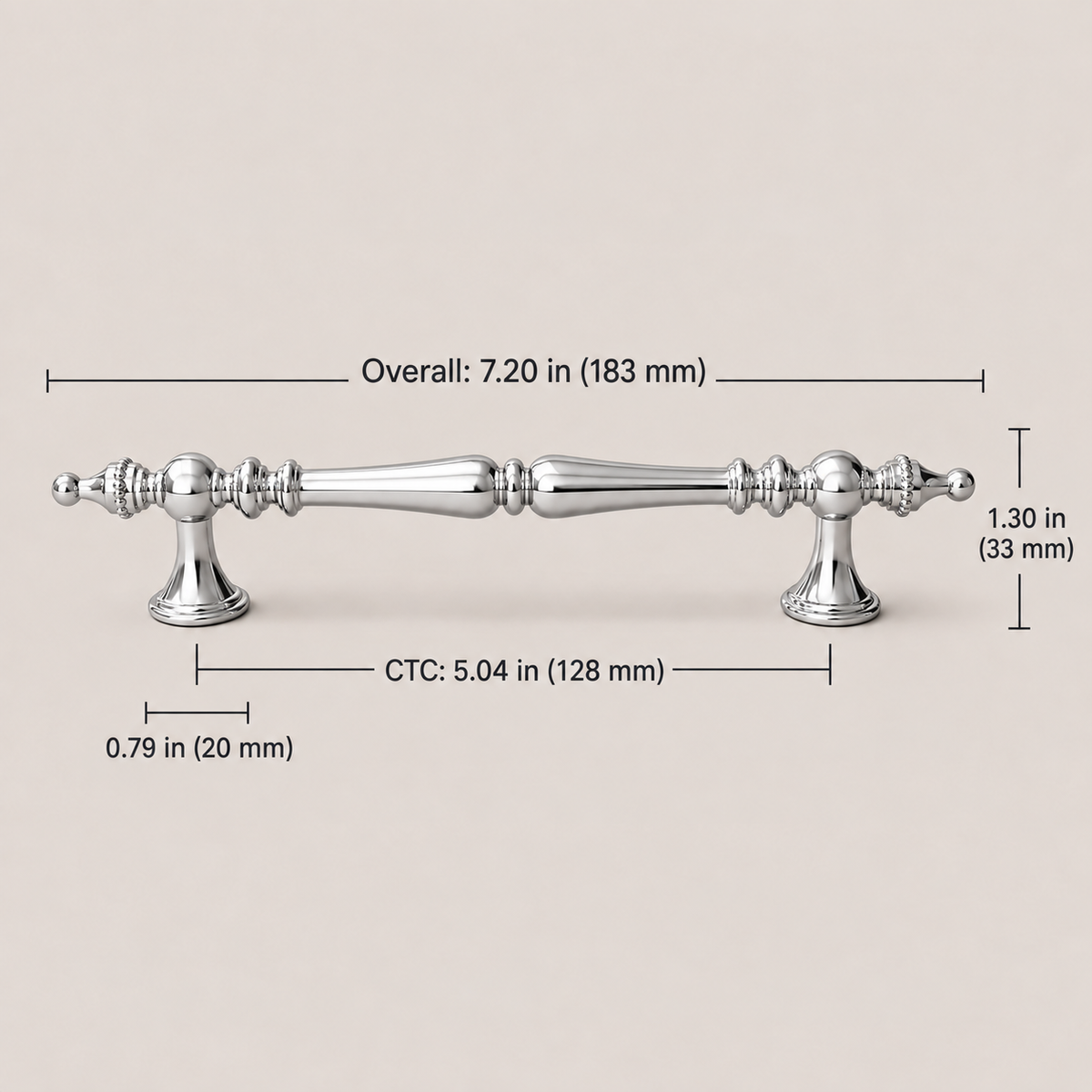 Polished chrome 128 mm CTC spindle cabinet pull dimensions in inches and millimeters