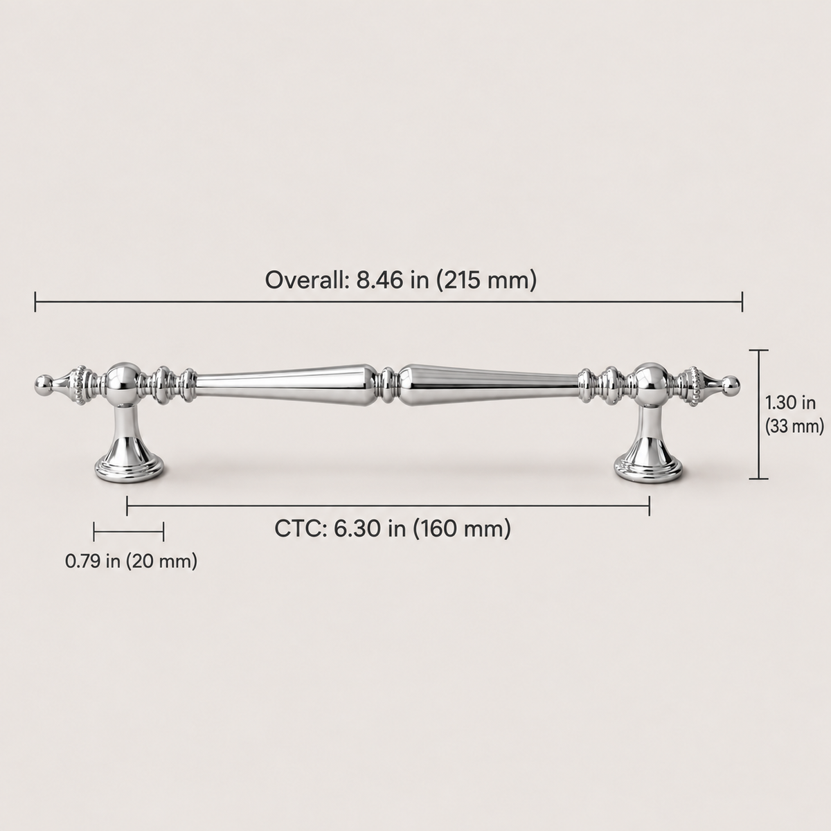 Polished chrome 160 mm CTC spindle cabinet pull dimensions in inches and millimeters