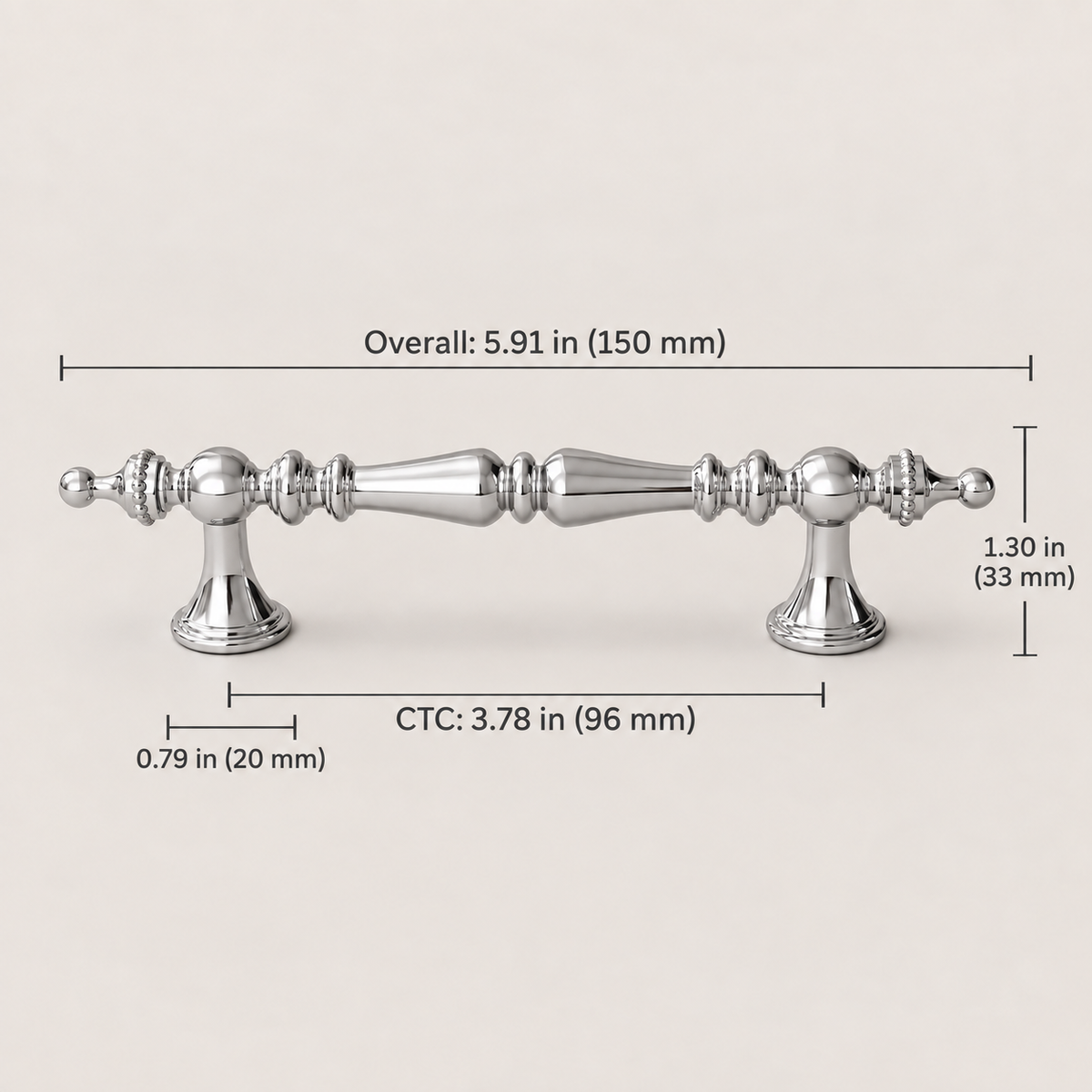 Polished chrome 96 mm CTC spindle cabinet pull dimensions in inches and millimeters