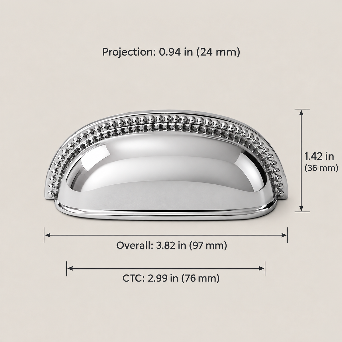 Polished chrome 76 mm CTC beaded cup pull dimensions in inches and millimeters