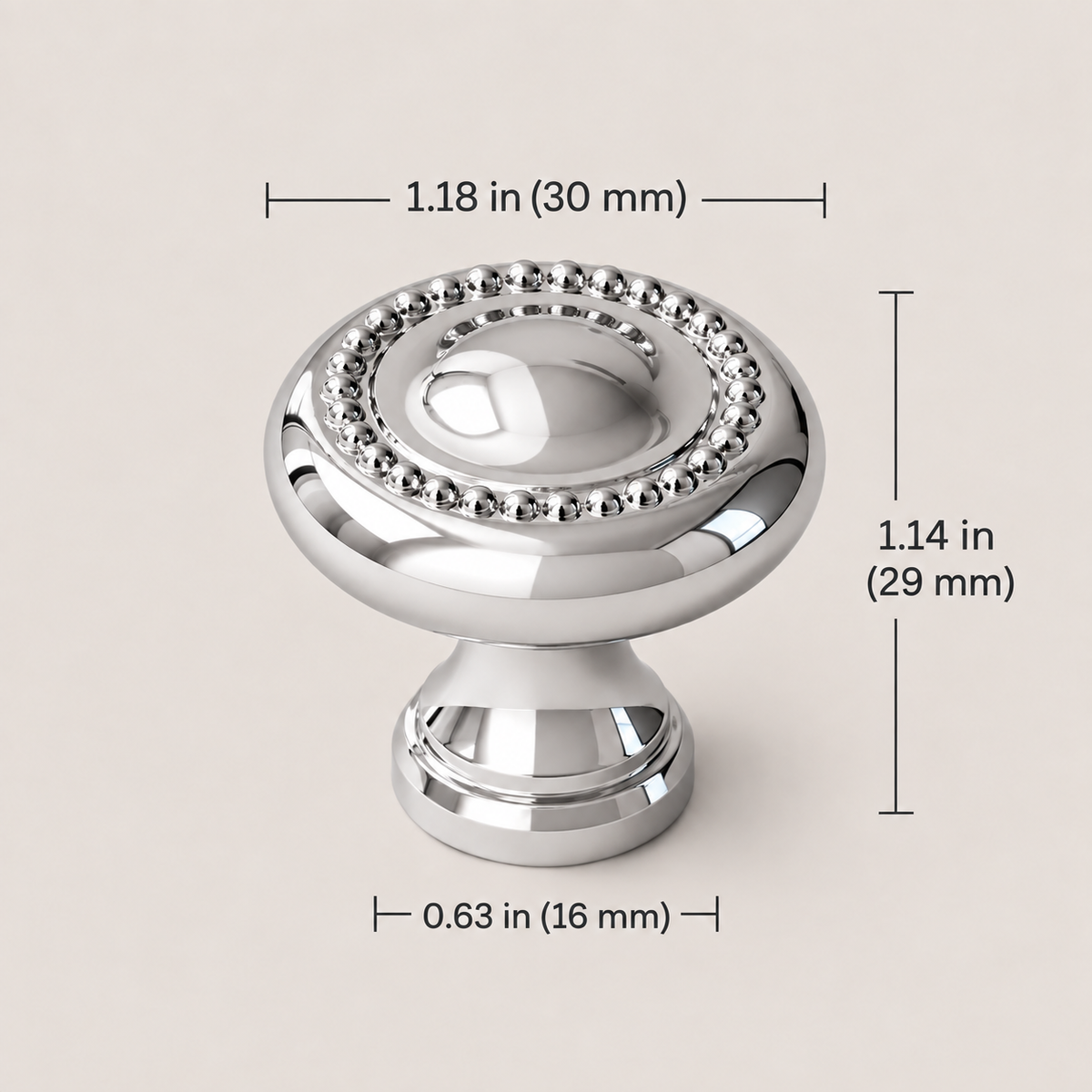 Polished chrome 30 mm beaded cabinet knob dimensions in inches and millimeters