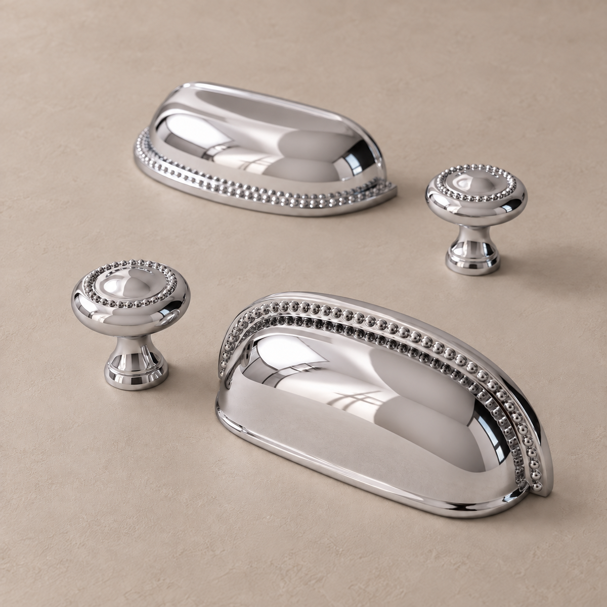 Polished chrome beaded cup pulls and matching round cabinet knobs