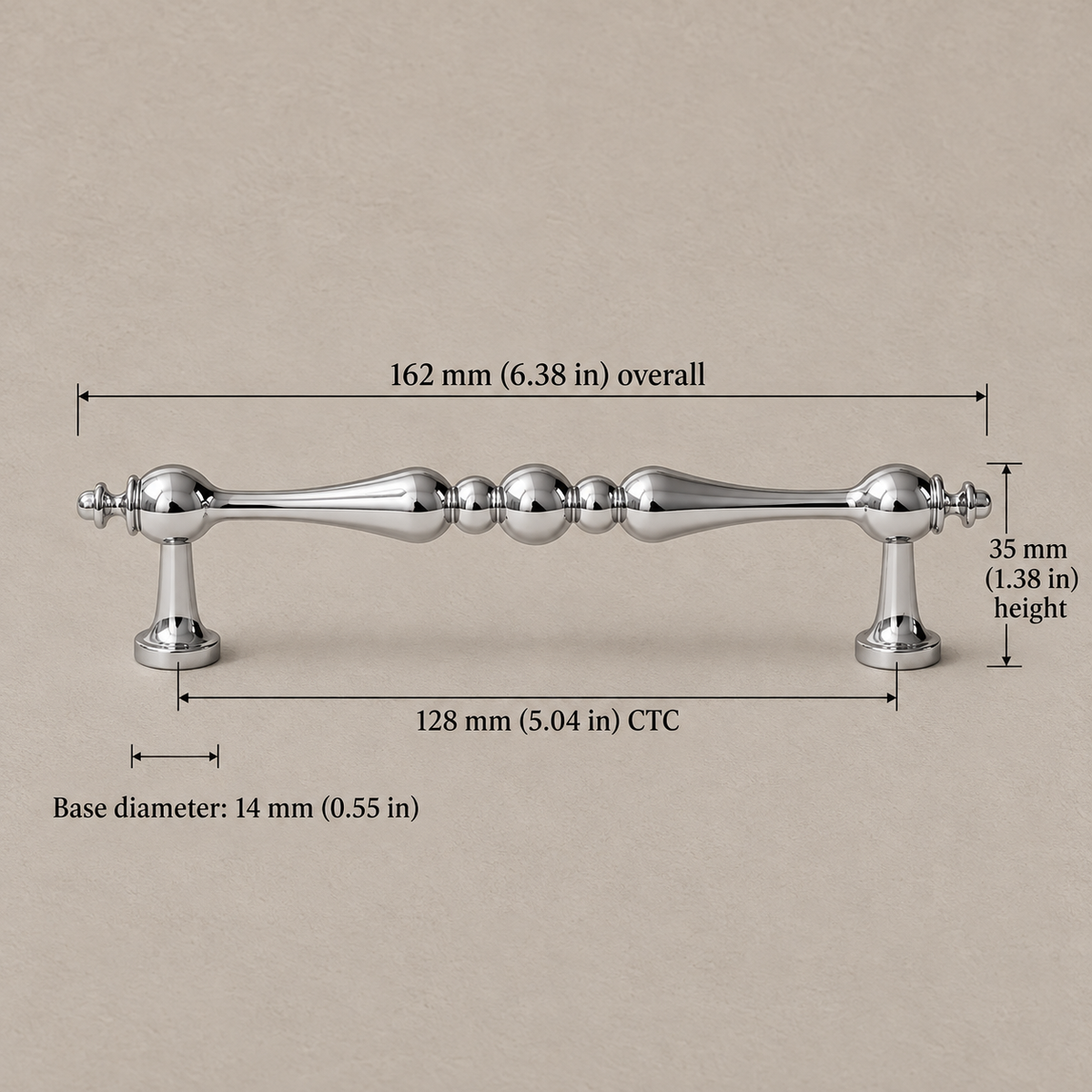 128mm chrome cabinet hardware with dimensions in millimeters and inches