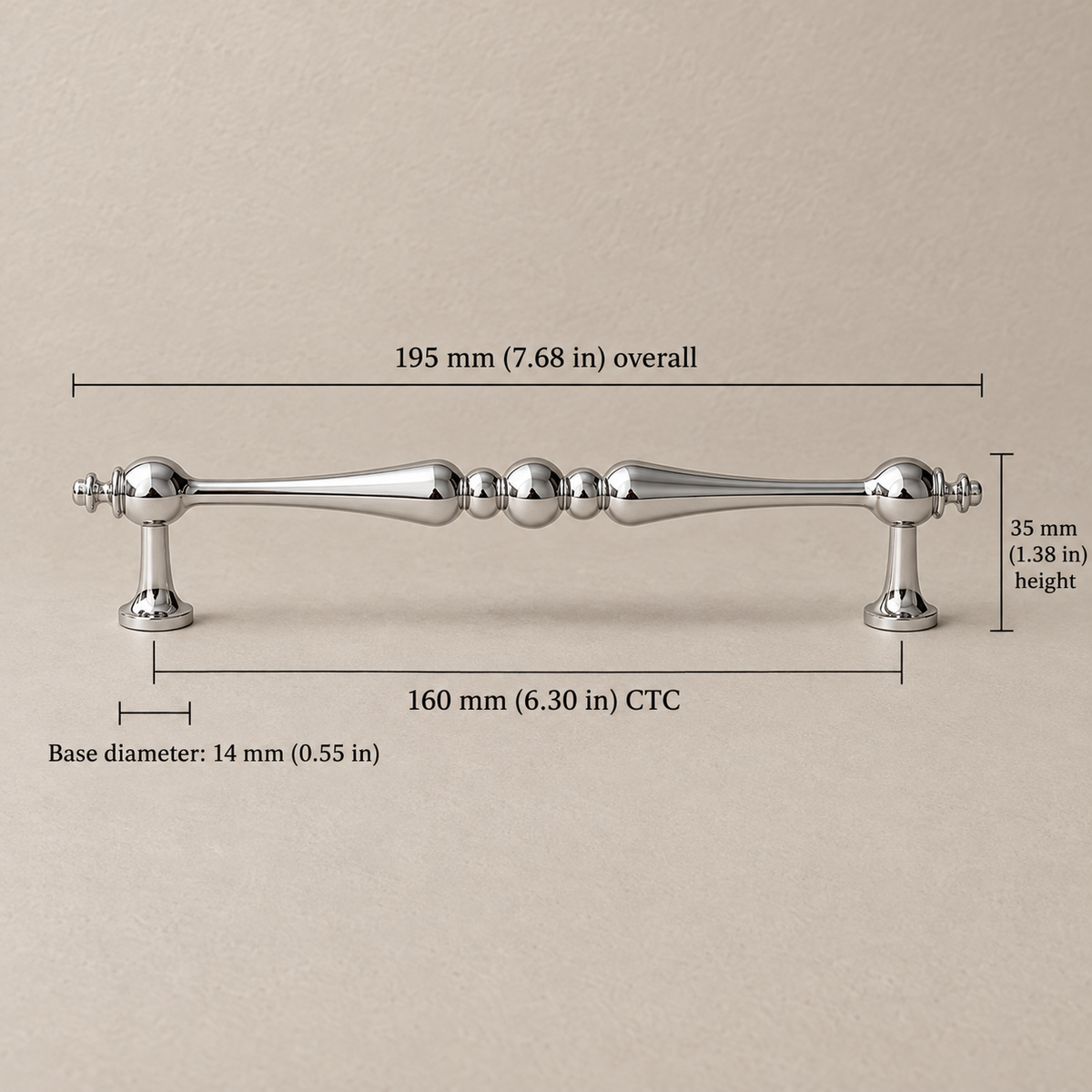 160mm chrome cabinet hardware with dimensions in millimeters and inches