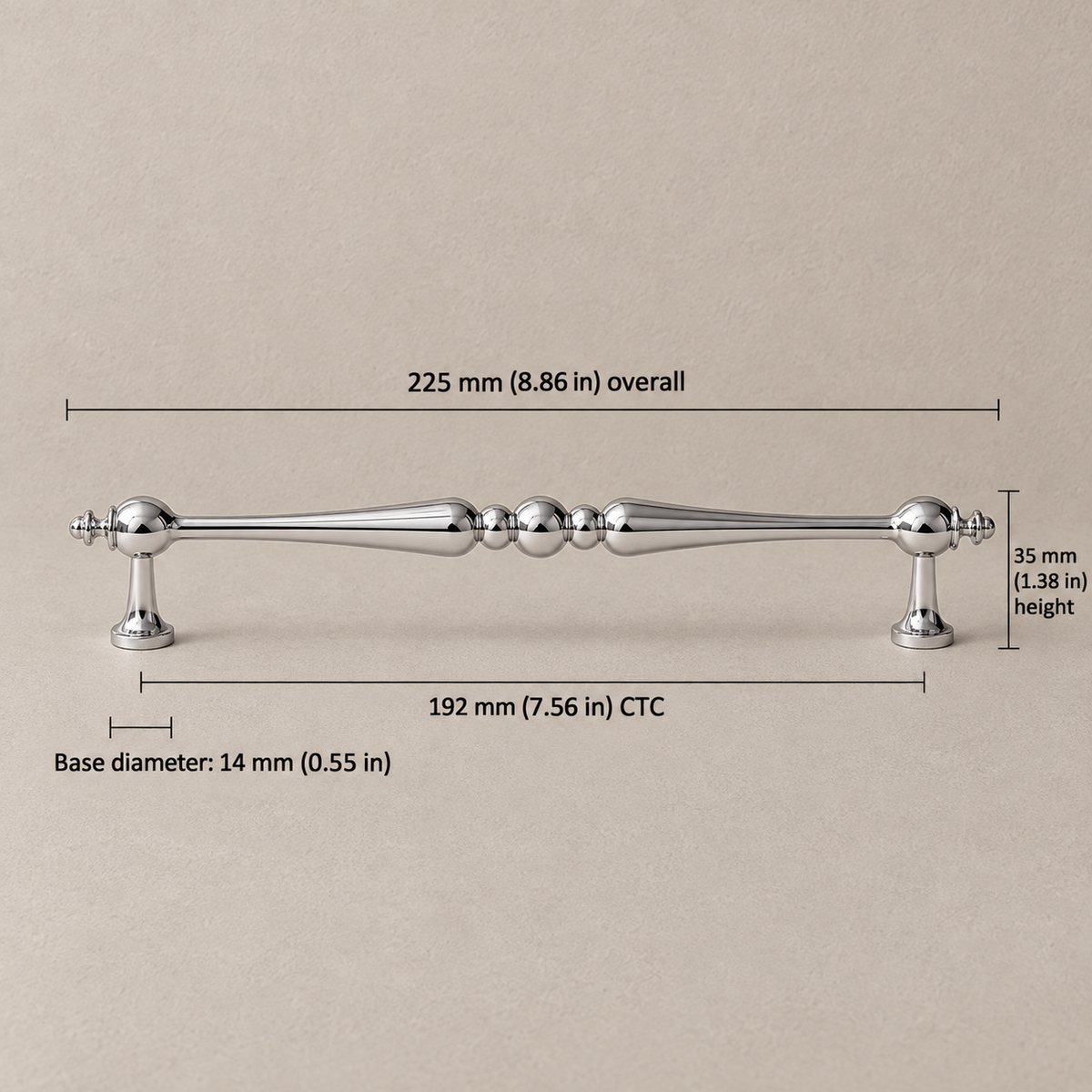 192mm chrome cabinet hardware with dimensions in millimeters and inches