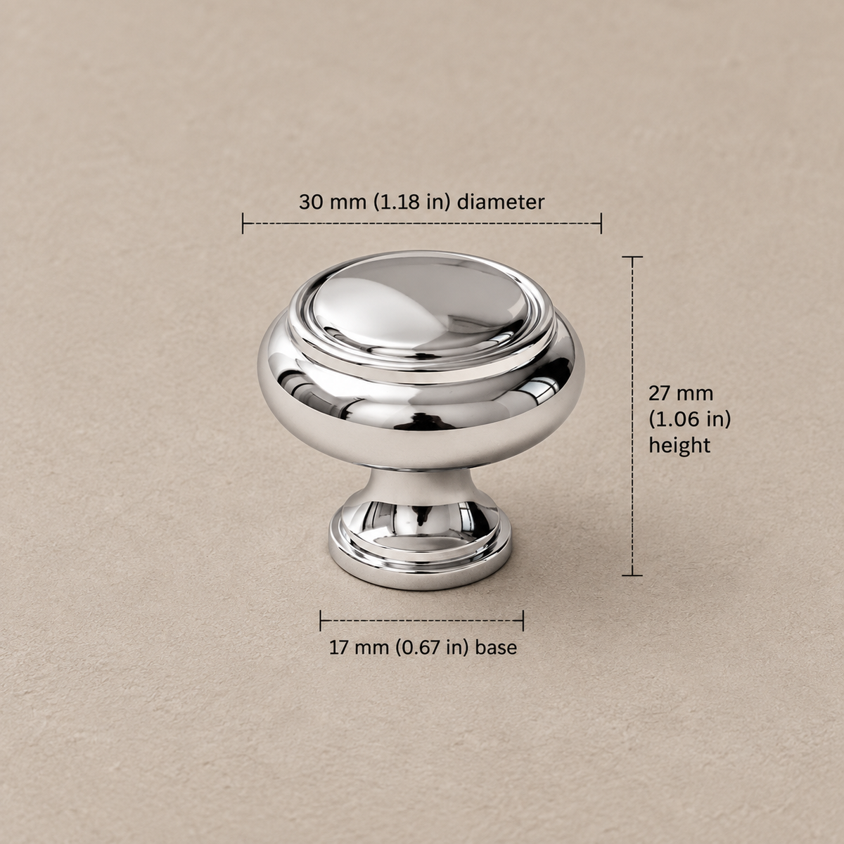 30mm-knob chrome cabinet hardware with dimensions in millimeters and inches