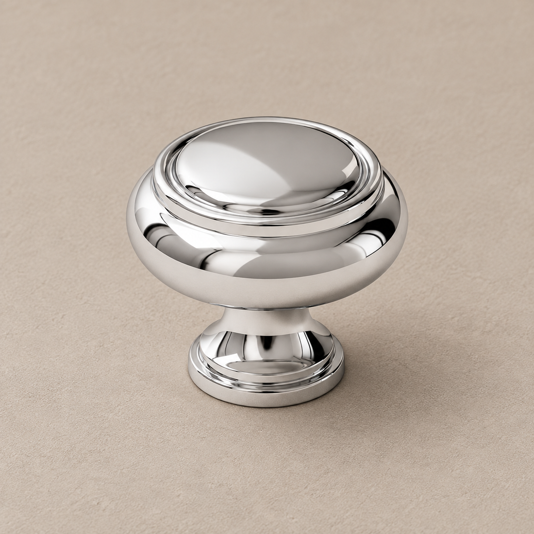 Chrome Brass Cabinet Pull & Knob — Solid Brass Kitchen Hardware on a deep olive studio background