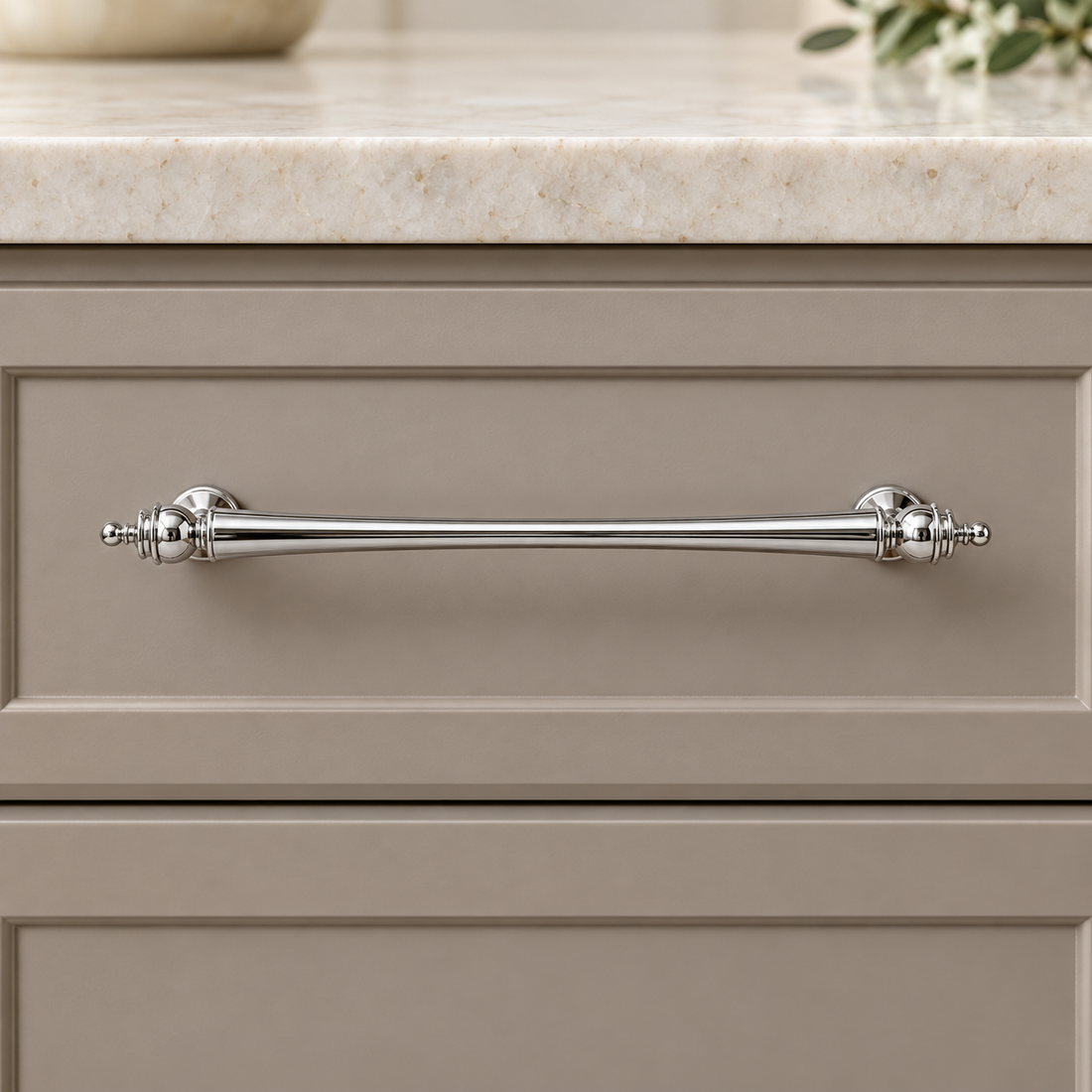 Turned Spindle Cabinet Pull & Knob — Chrome Silver on a neutral stone studio background